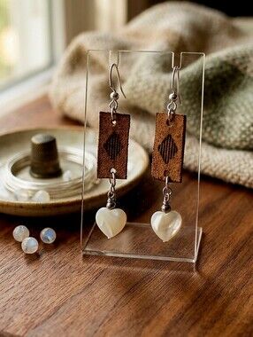 Handcrafted Brown Leather & White Heart Drop Earrings